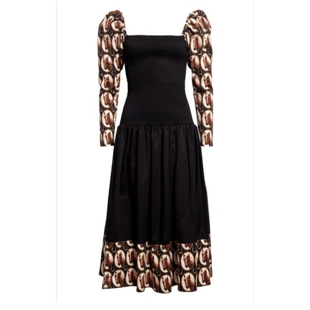AUTUMN ADEIGBO Nevada Smocked Long Sleeve Maxi Dress In Black Size 4